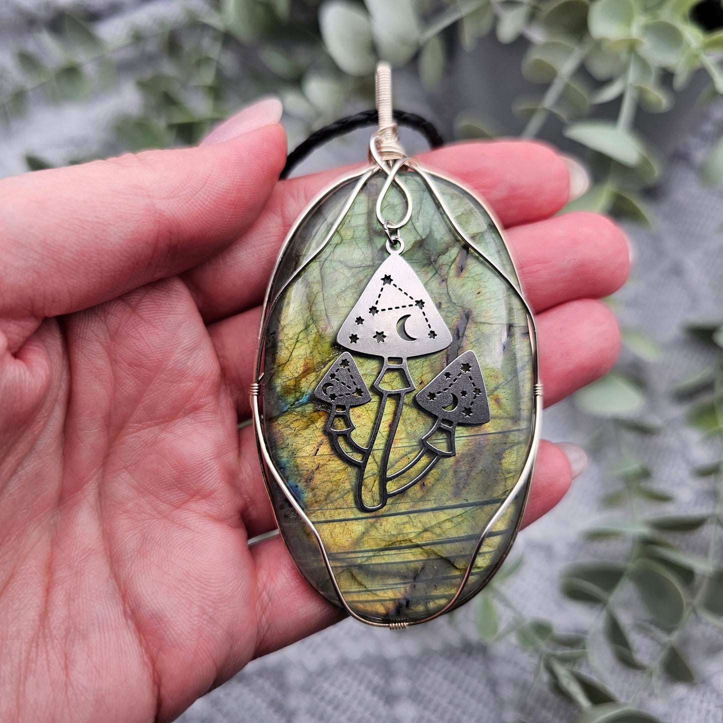 Labradorit & Pilze Anhänger | 925er Silber | Edelstein Halskette