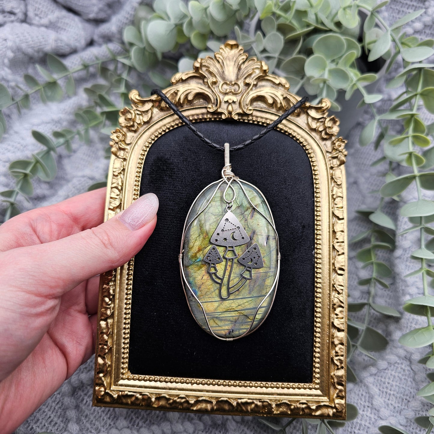 Labradorit & Pilze Anhänger | 925er Silber | Edelstein Halskette