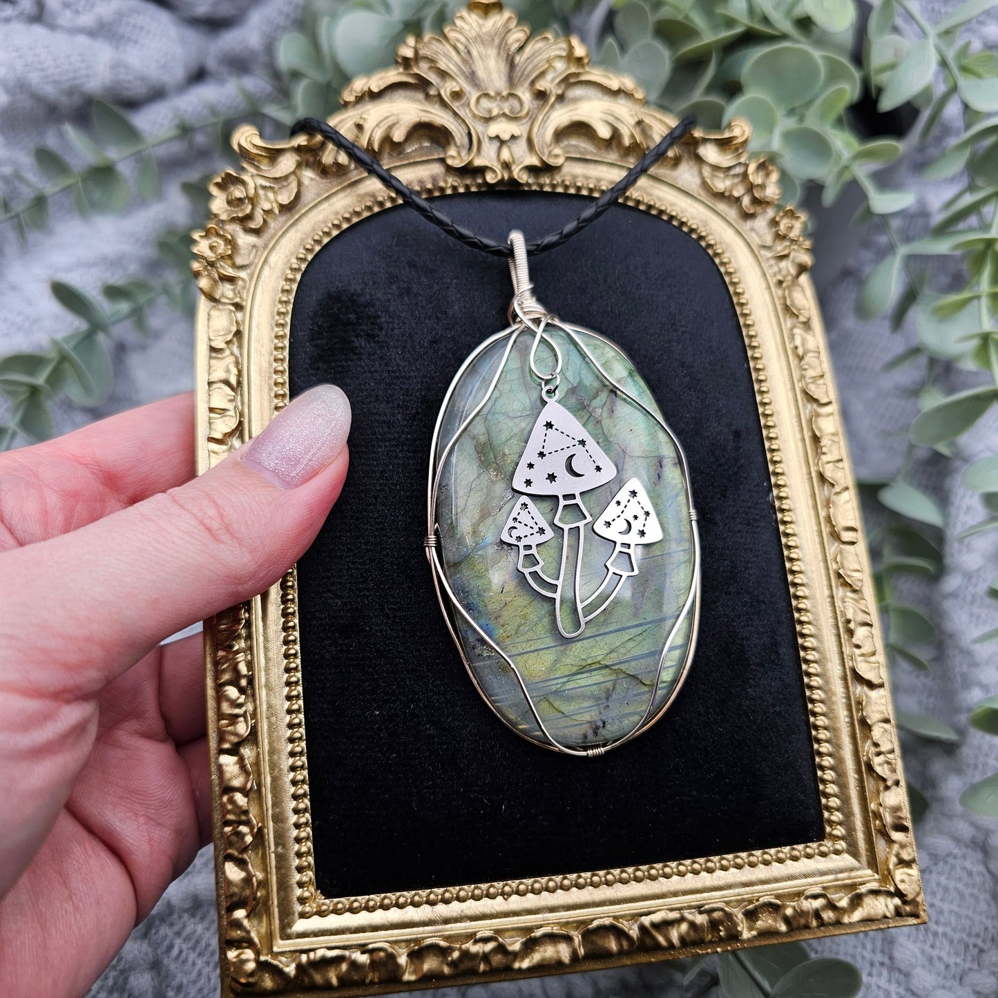 Labradorit & Pilze Anhänger | 925er Silber | Edelstein Halskette