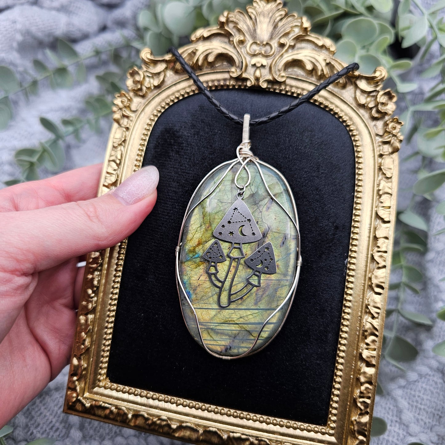 Labradorit & Pilze Anhänger | 925er Silber | Edelstein Halskette