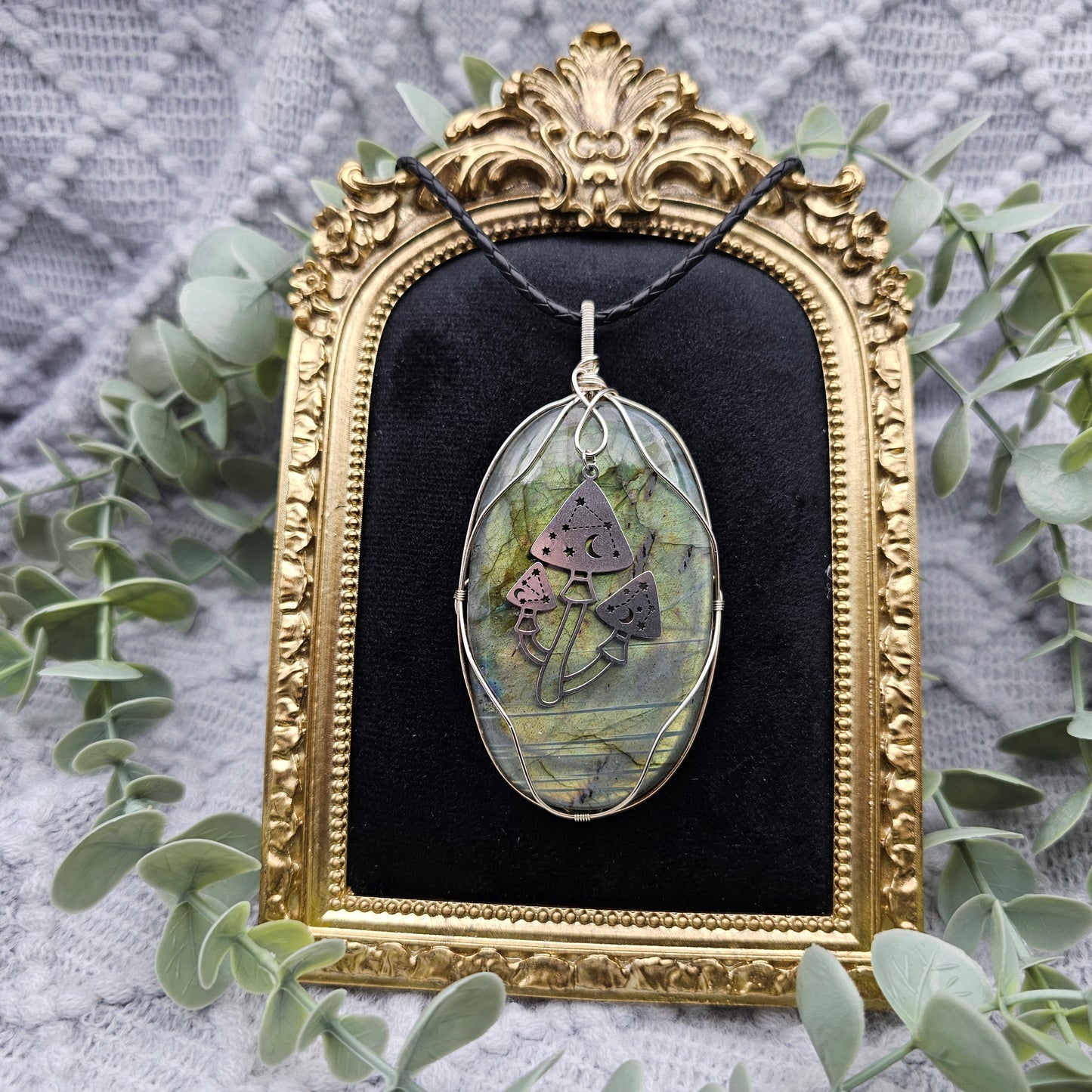 Labradorit & Pilze Anhänger | 925er Silber | Edelstein Halskette