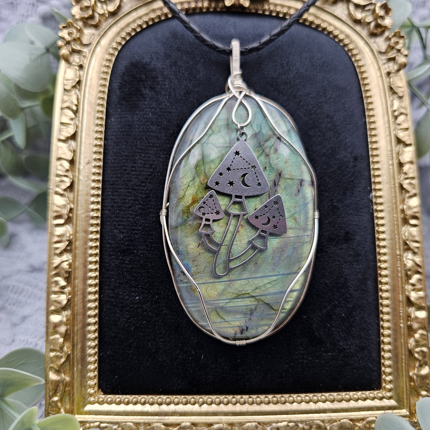 Labradorit & Pilze Anhänger | 925er Silber | Edelstein Halskette