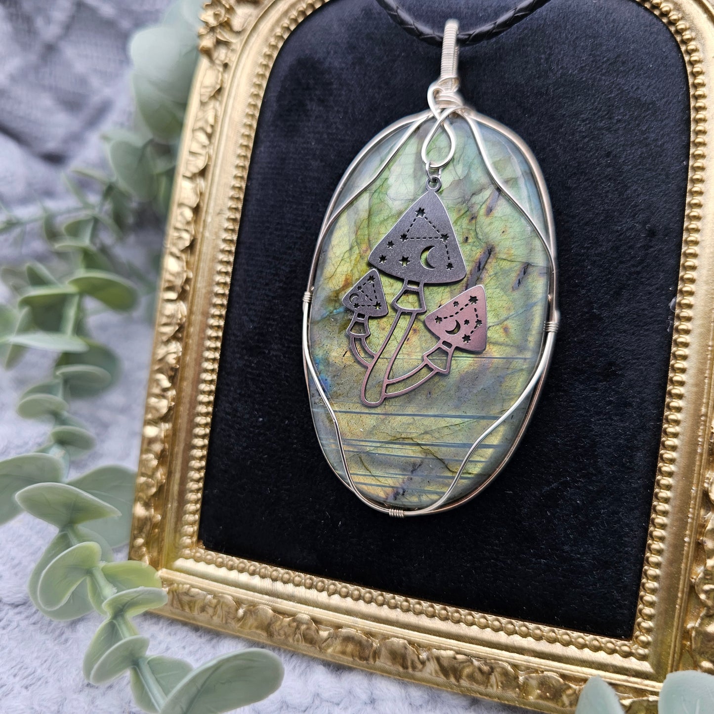 Labradorit & Pilze Anhänger | 925er Silber | Edelstein Halskette