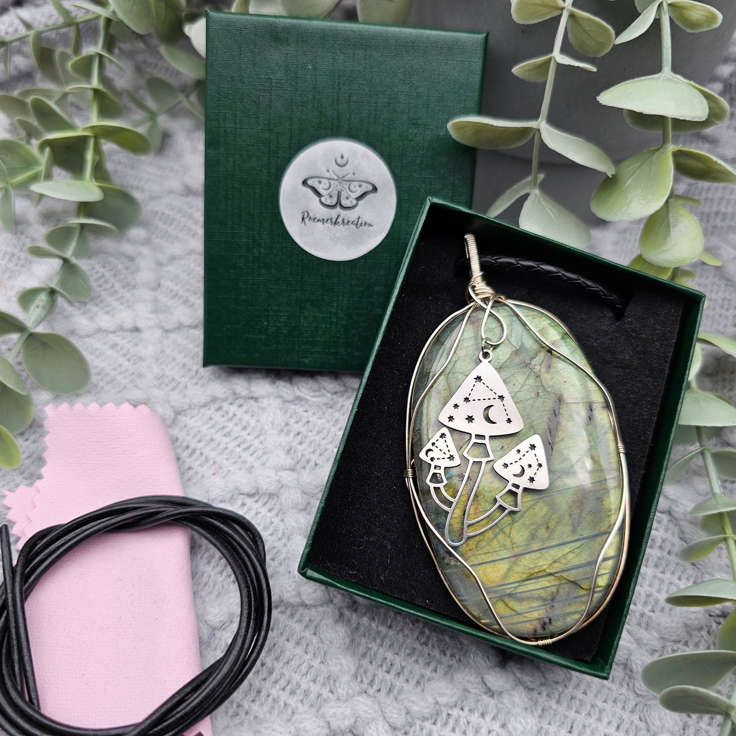 Labradorit & Pilze Anhänger | 925er Silber | Edelstein Halskette