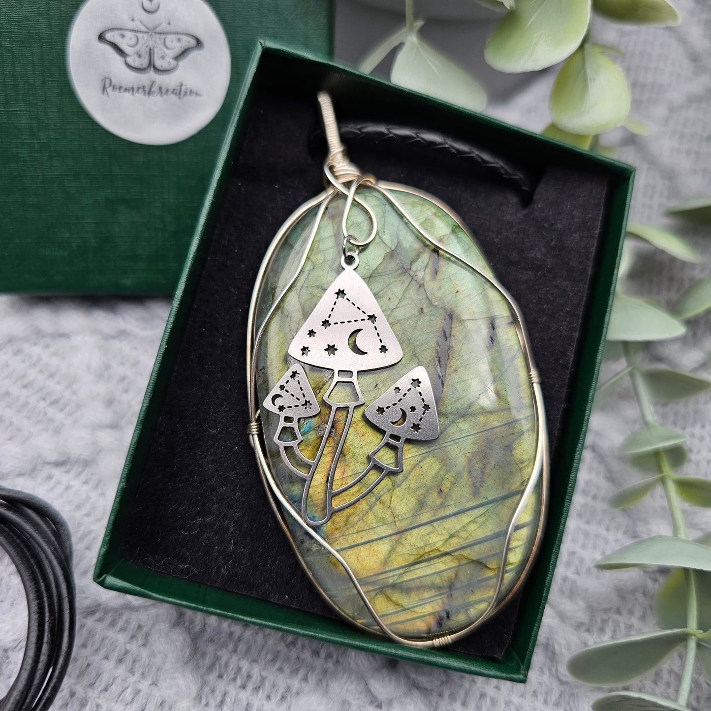 Labradorit & Pilze Anhänger | 925er Silber | Edelstein Halskette