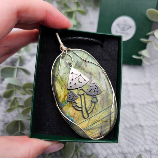 Labradorit & Pilze Anhänger | 925er Silber | Edelstein Halskette