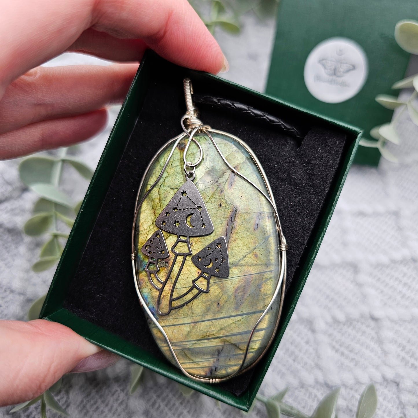 Labradorit & Pilze Anhänger | 925er Silber | Edelstein Halskette