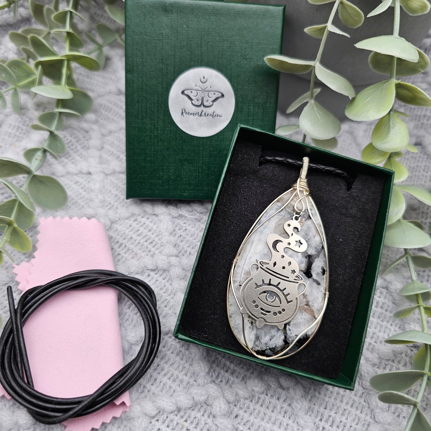 Regenbogenmondstein & Zauberkessel Anhänger | 925er Silber/ Edelstahl | Edelstein Halskette