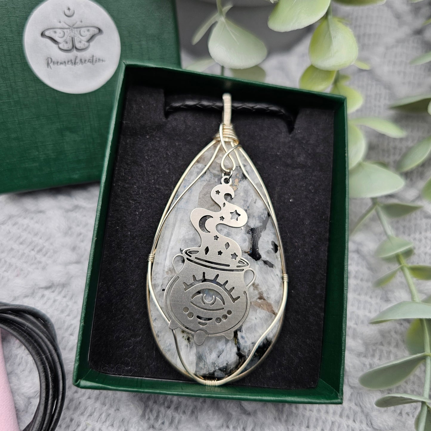 Regenbogenmondstein & Zauberkessel Anhänger | 925er Silber/ Edelstahl | Edelstein Halskette