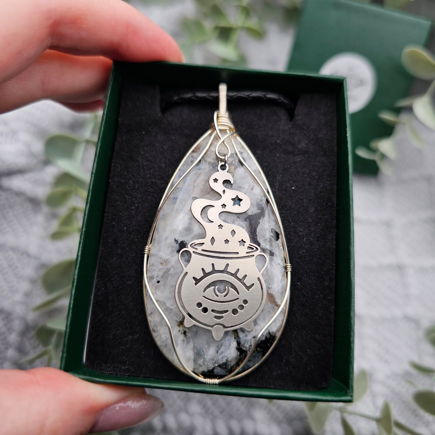 Regenbogenmondstein & Zauberkessel Anhänger | 925er Silber/ Edelstahl | Edelstein Halskette