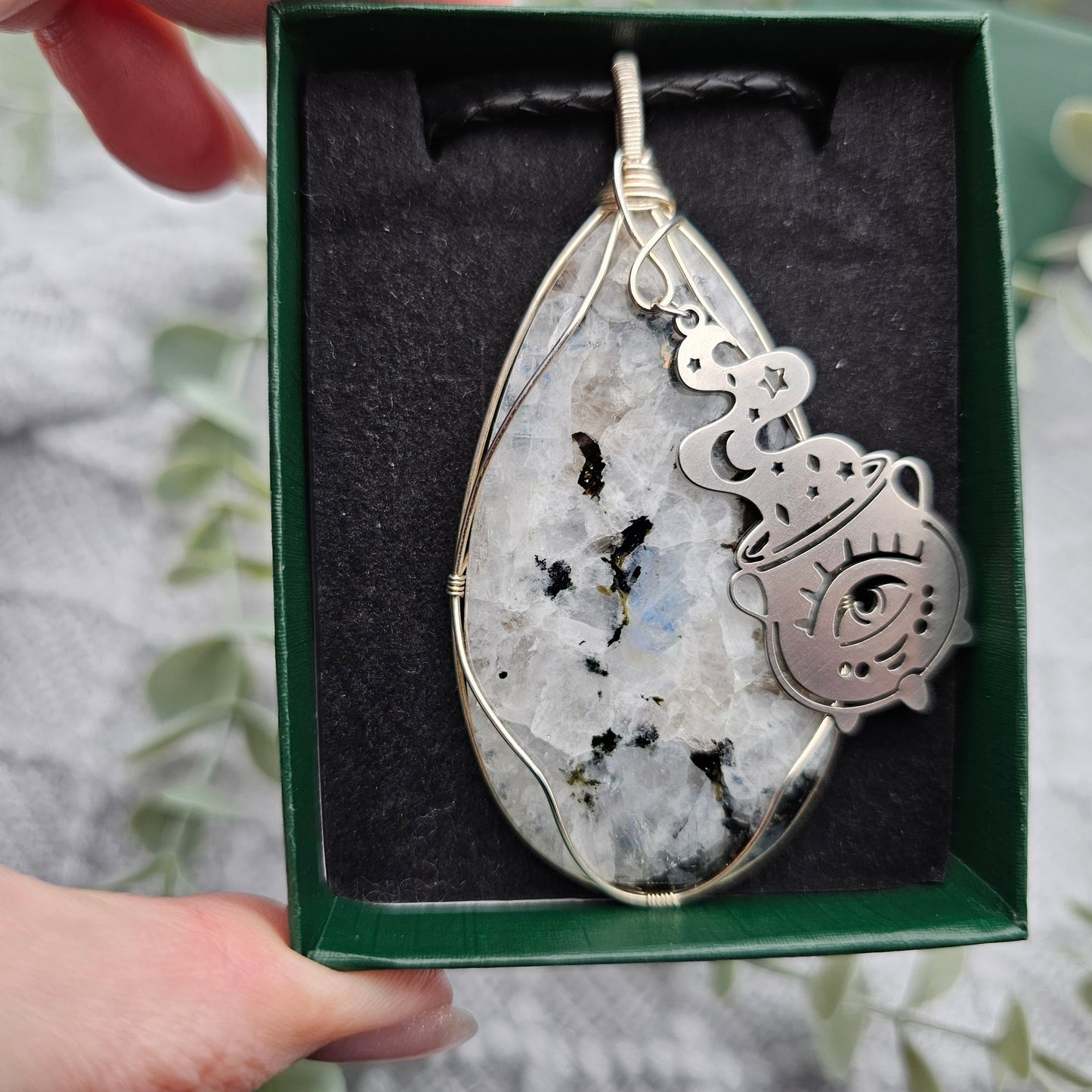Rainbow Moonstone & Cauldron Pendant | 925 Silver/ Stainless Steel | Gemstone Necklace