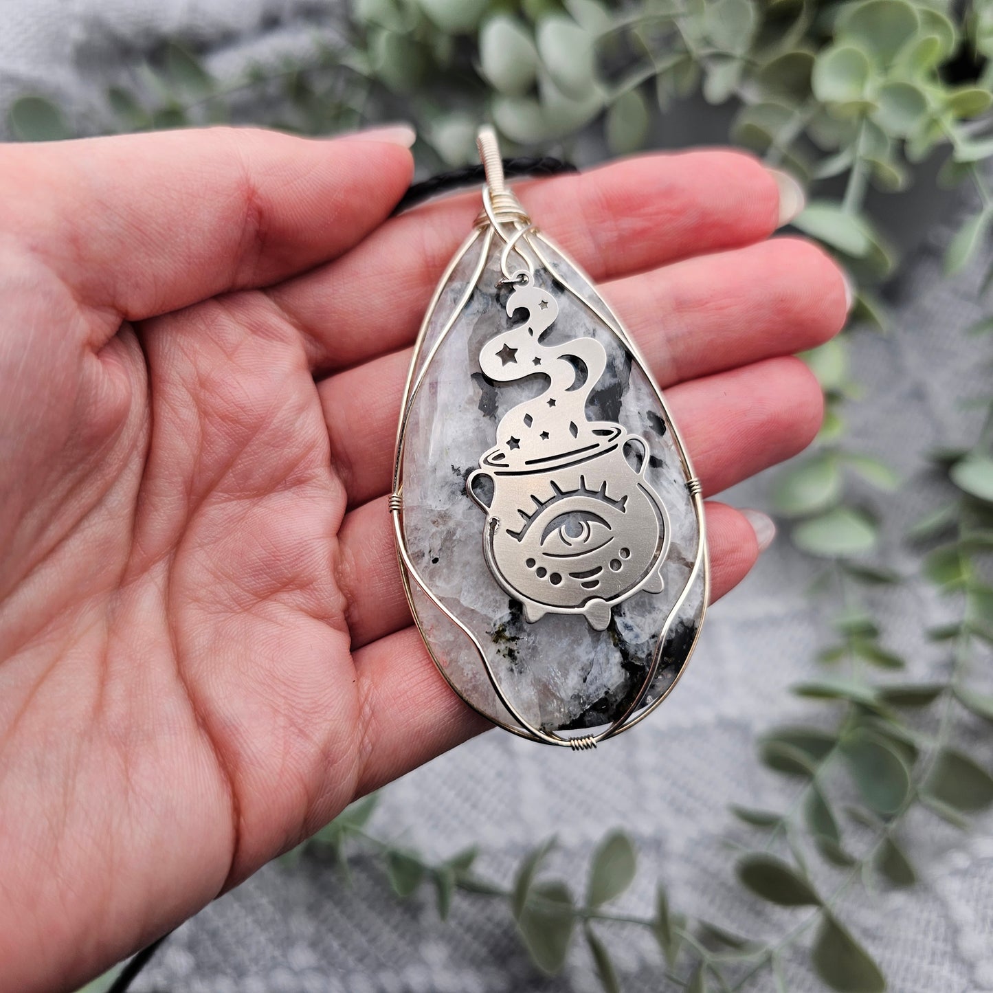 Regenbogenmondstein & Zauberkessel Anhänger | 925er Silber/ Edelstahl | Edelstein Halskette