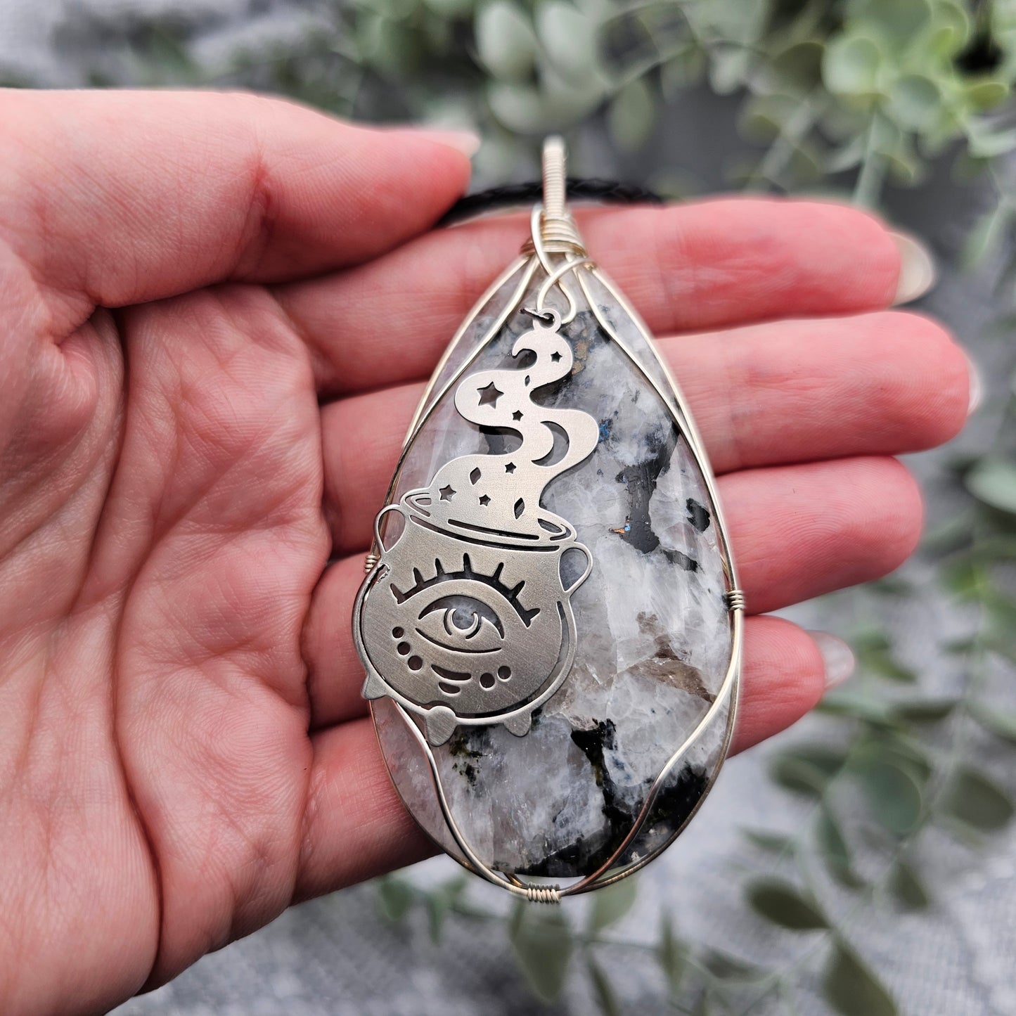 Rainbow Moonstone & Cauldron Pendant | 925 Silver/ Stainless Steel | Gemstone Necklace