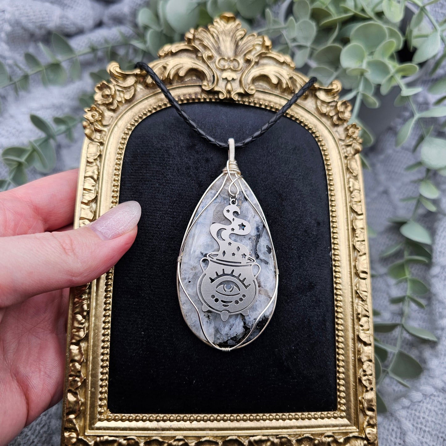 Regenbogenmondstein & Zauberkessel Anhänger | 925er Silber/ Edelstahl | Edelstein Halskette