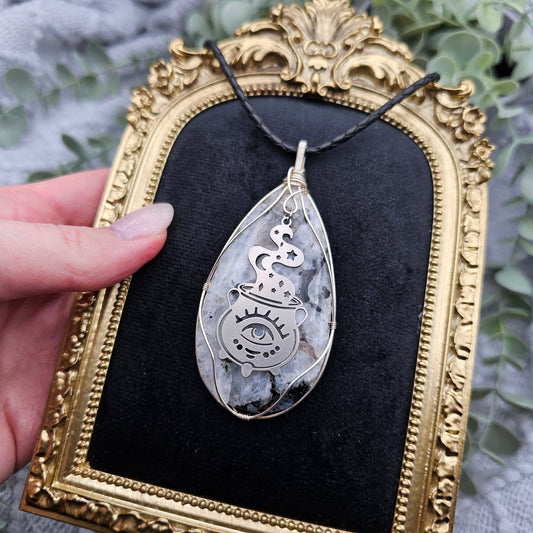 Regenbogenmondstein & Zauberkessel Anhänger | 925er Silber/ Edelstahl | Edelstein Halskette