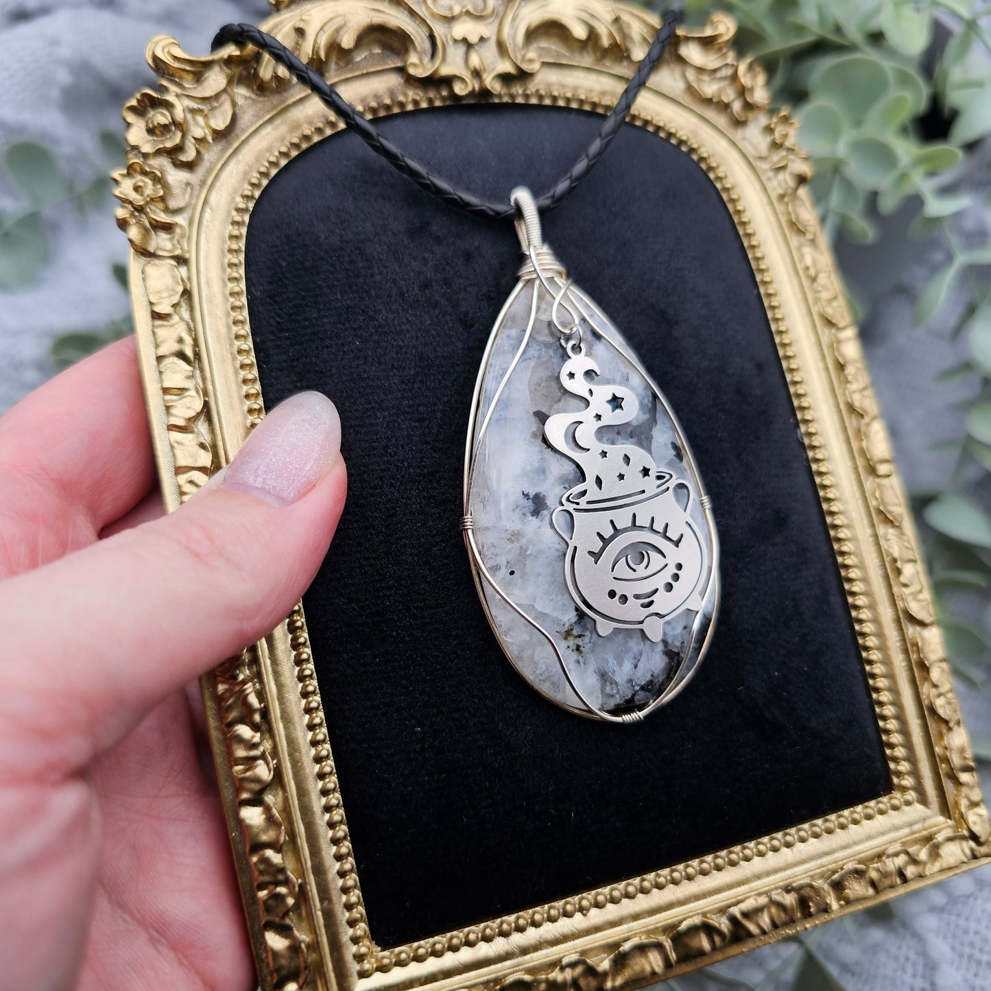 Regenbogenmondstein & Zauberkessel Anhänger | 925er Silber/ Edelstahl | Edelstein Halskette