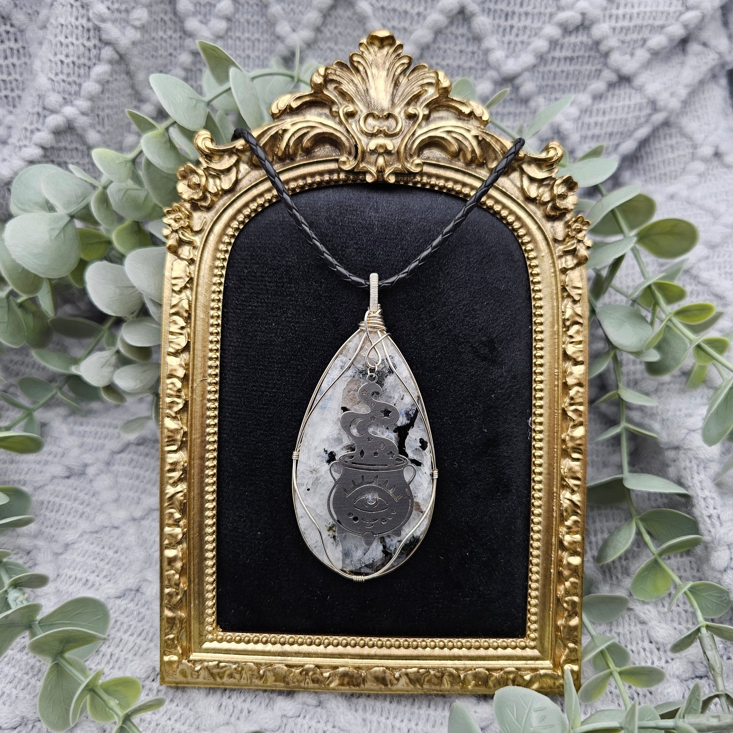 Regenbogenmondstein & Zauberkessel Anhänger | 925er Silber/ Edelstahl | Edelstein Halskette