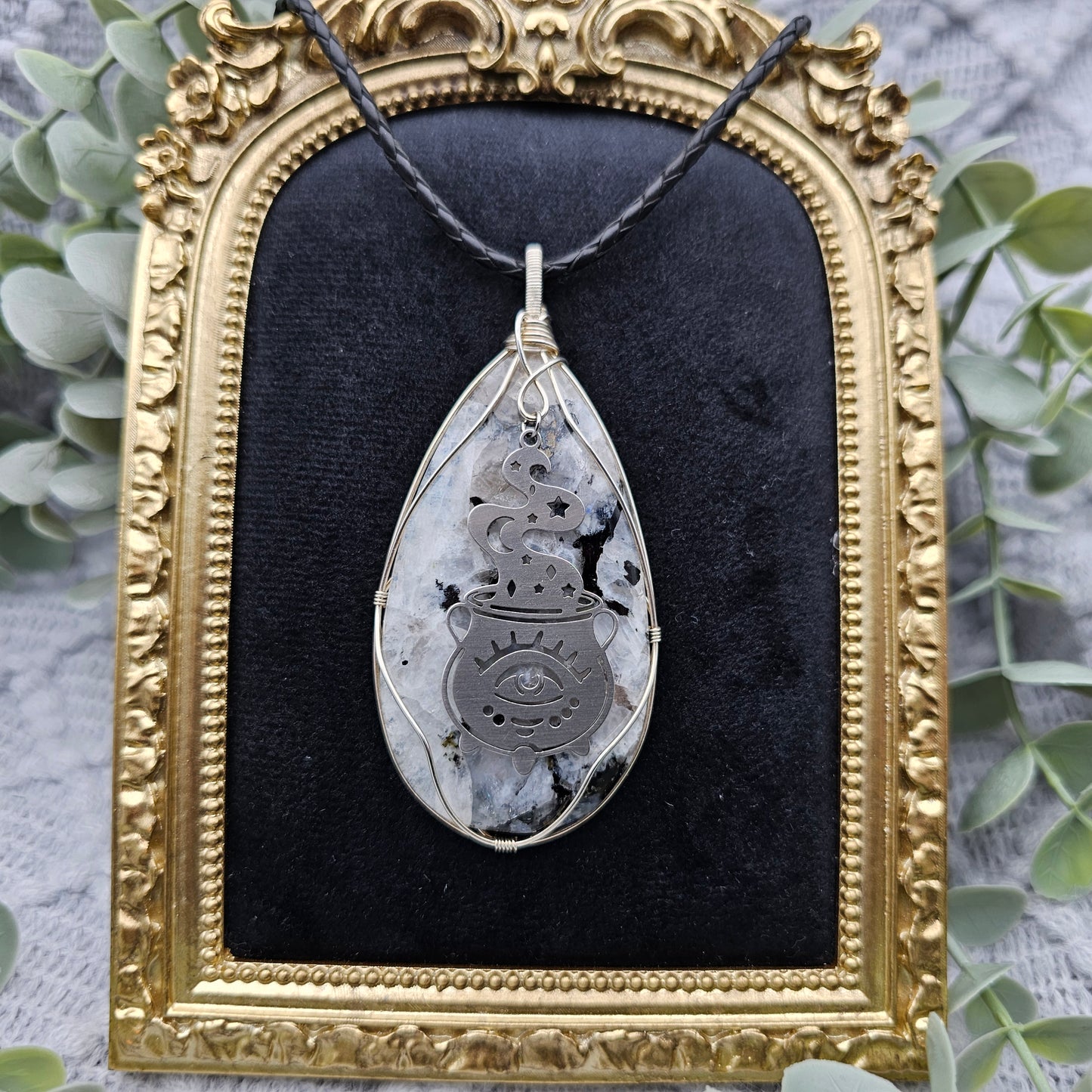 Regenbogenmondstein & Zauberkessel Anhänger | 925er Silber/ Edelstahl | Edelstein Halskette