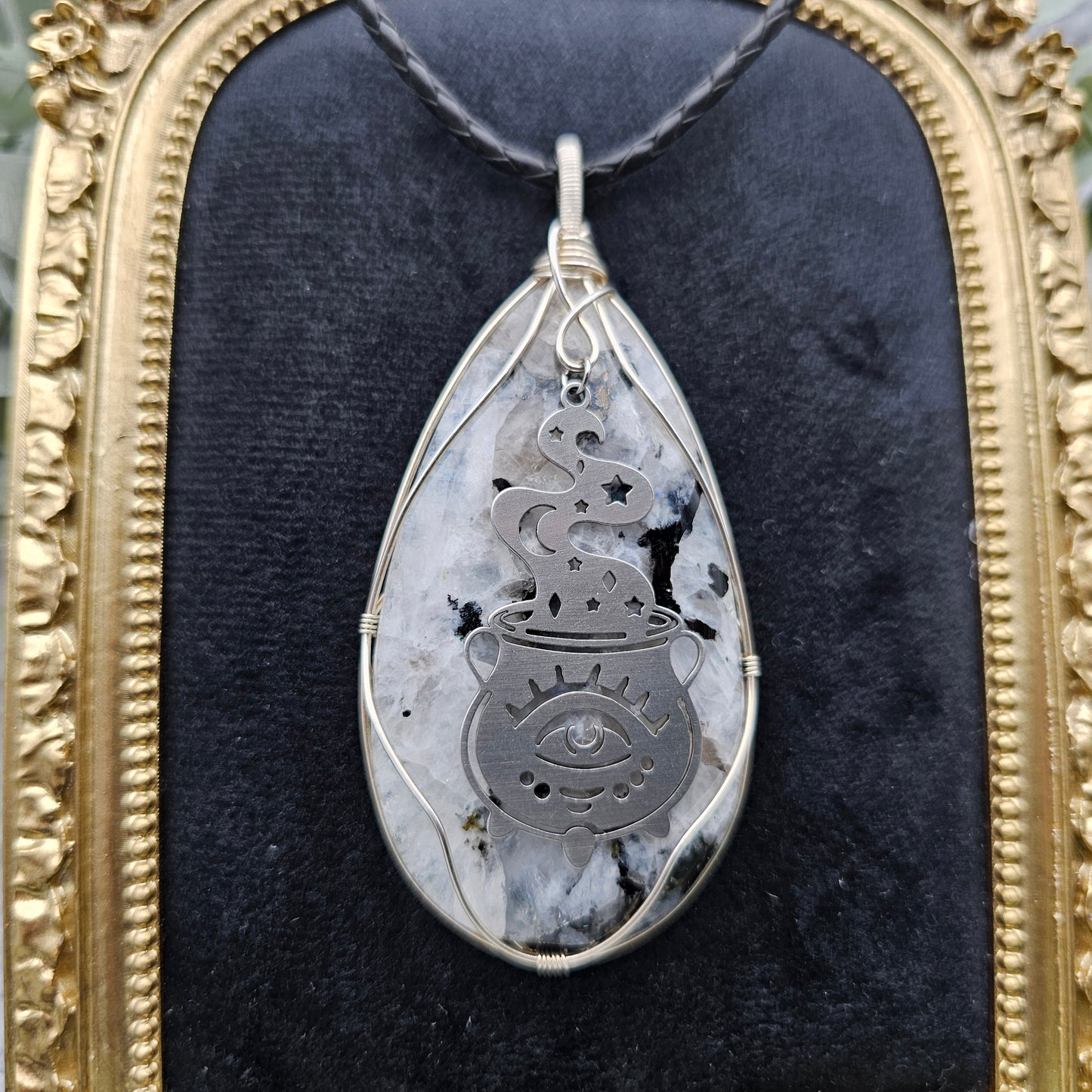 Regenbogenmondstein & Zauberkessel Anhänger | 925er Silber/ Edelstahl | Edelstein Halskette