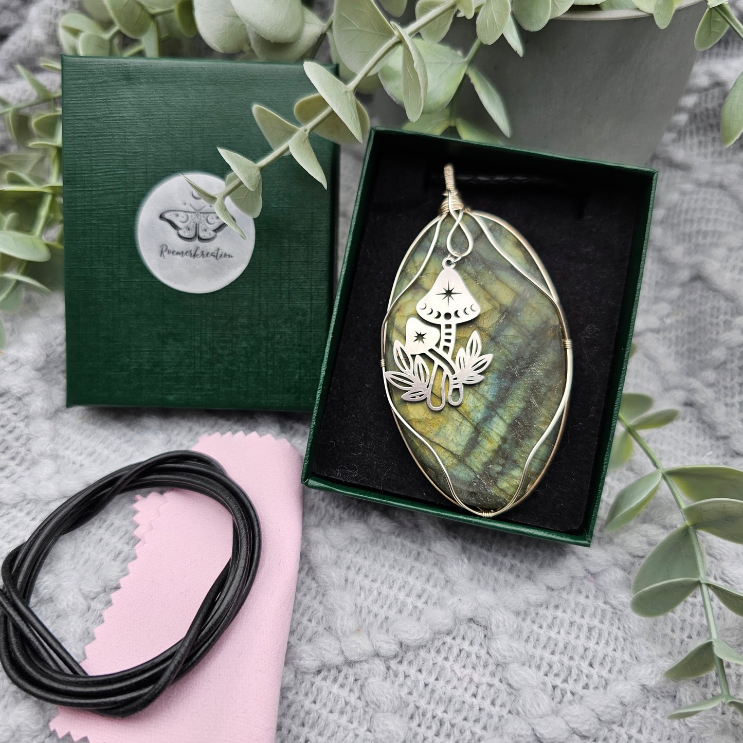 Matte Labradorite & Mushroom Pendant | 925 Silver | Gemstone Necklace