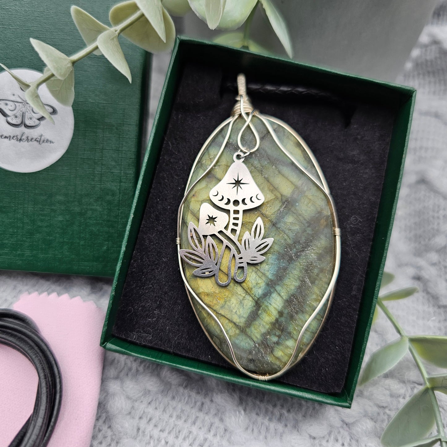 Labradorit matt & Pilze Anhänger | 925er Silber | Edelstein Halskette