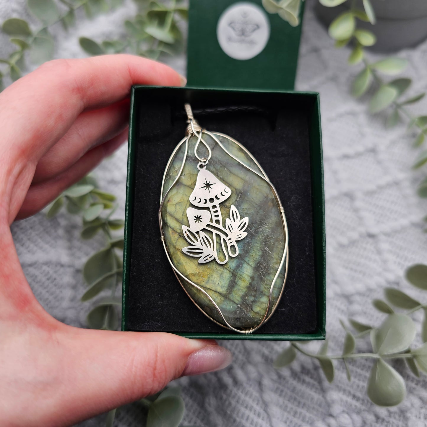 Labradorit matt & Pilze Anhänger | 925er Silber | Edelstein Halskette