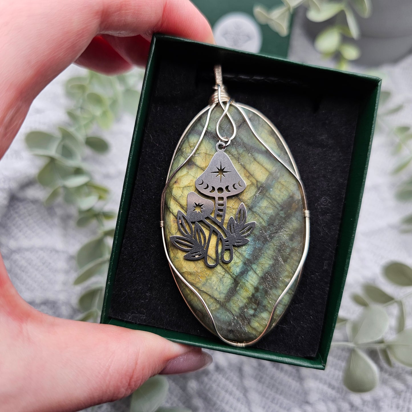 Labradorit matt & Pilze Anhänger | 925er Silber | Edelstein Halskette