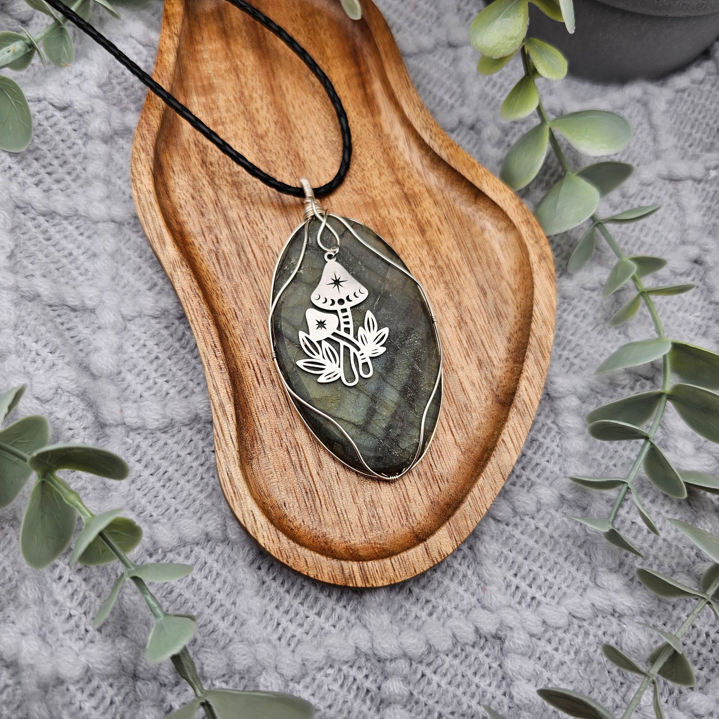 Labradorit matt & Pilze Anhänger | 925er Silber | Edelstein Halskette