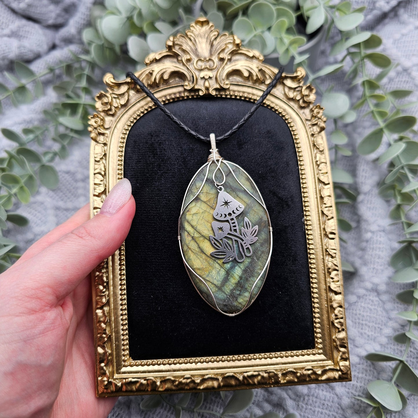 Labradorit matt & Pilze Anhänger | 925er Silber | Edelstein Halskette