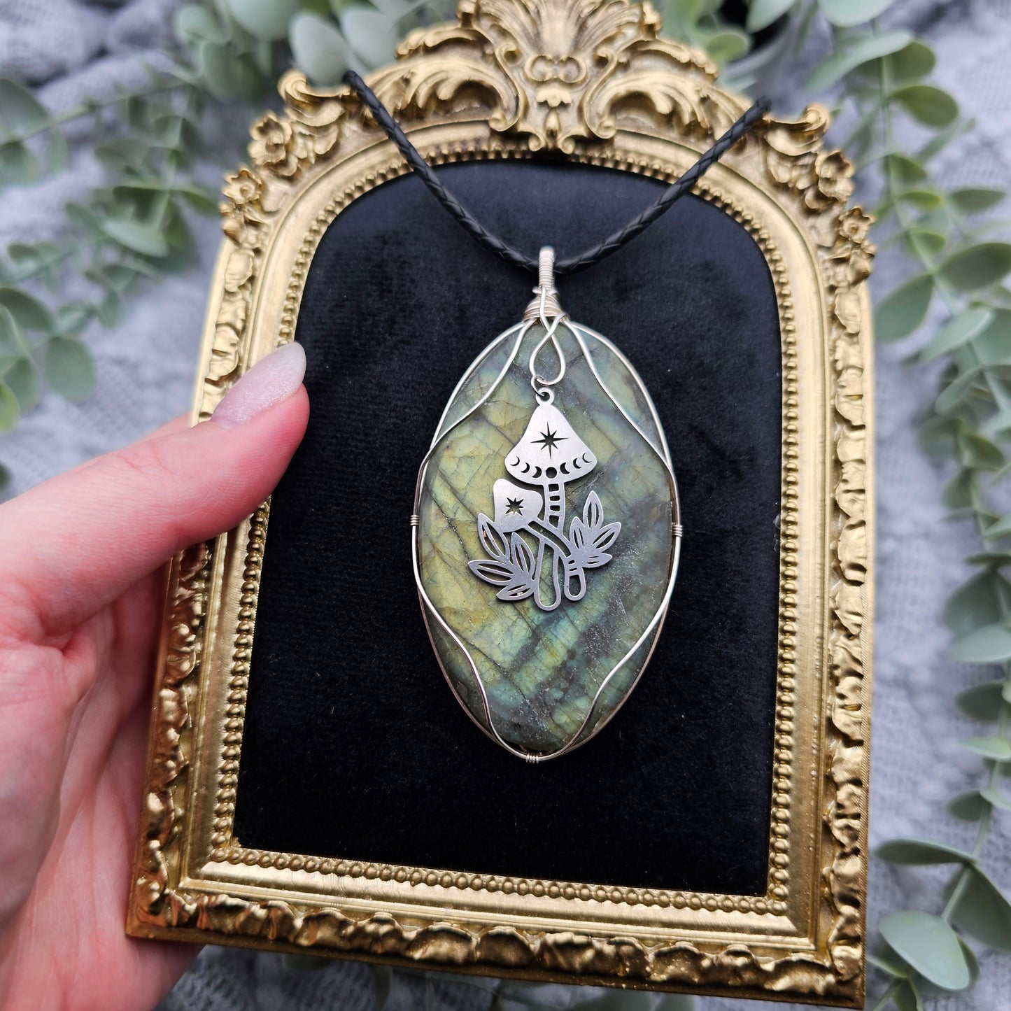 Labradorit matt & Pilze Anhänger | 925er Silber | Edelstein Halskette