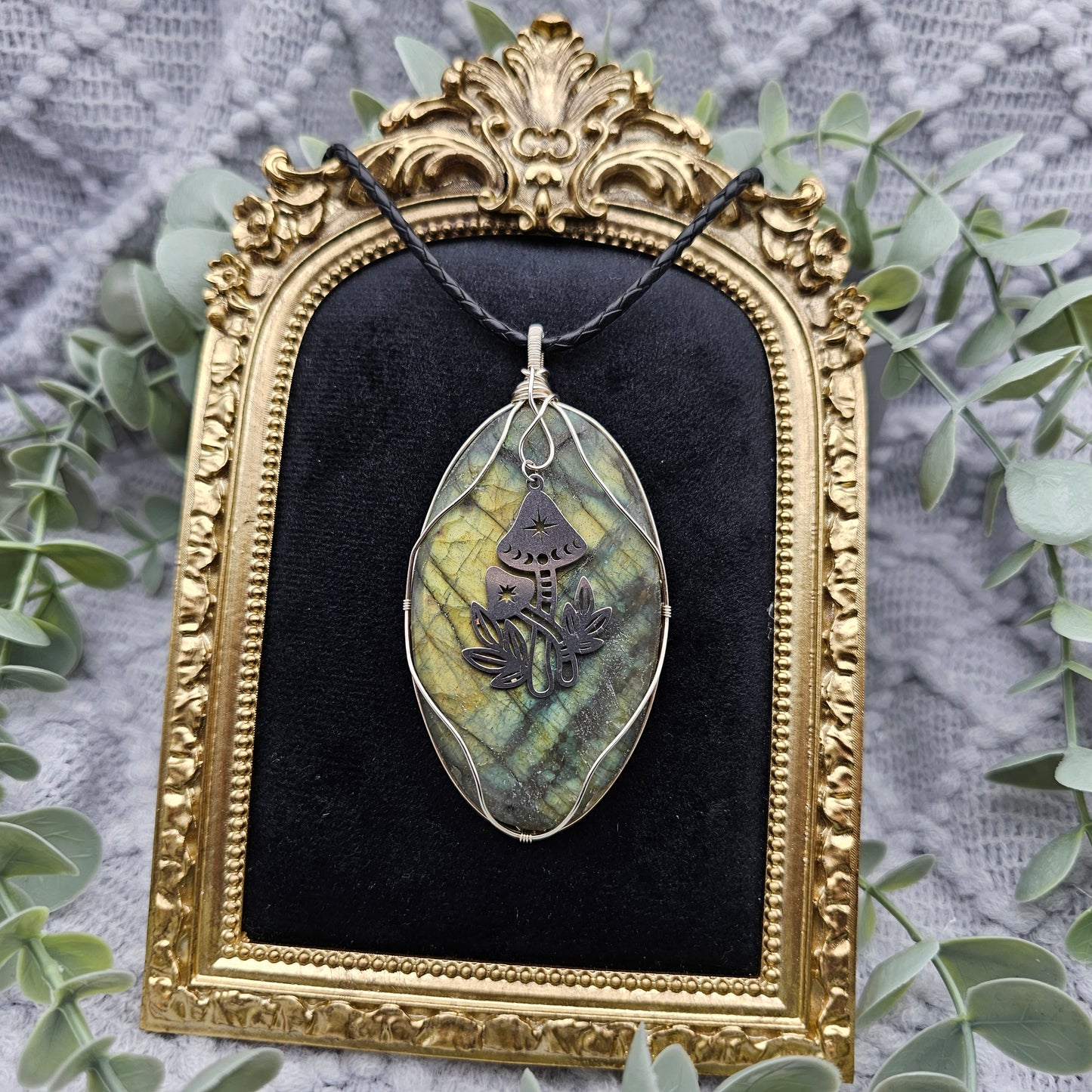 Labradorit matt & Pilze Anhänger | 925er Silber | Edelstein Halskette