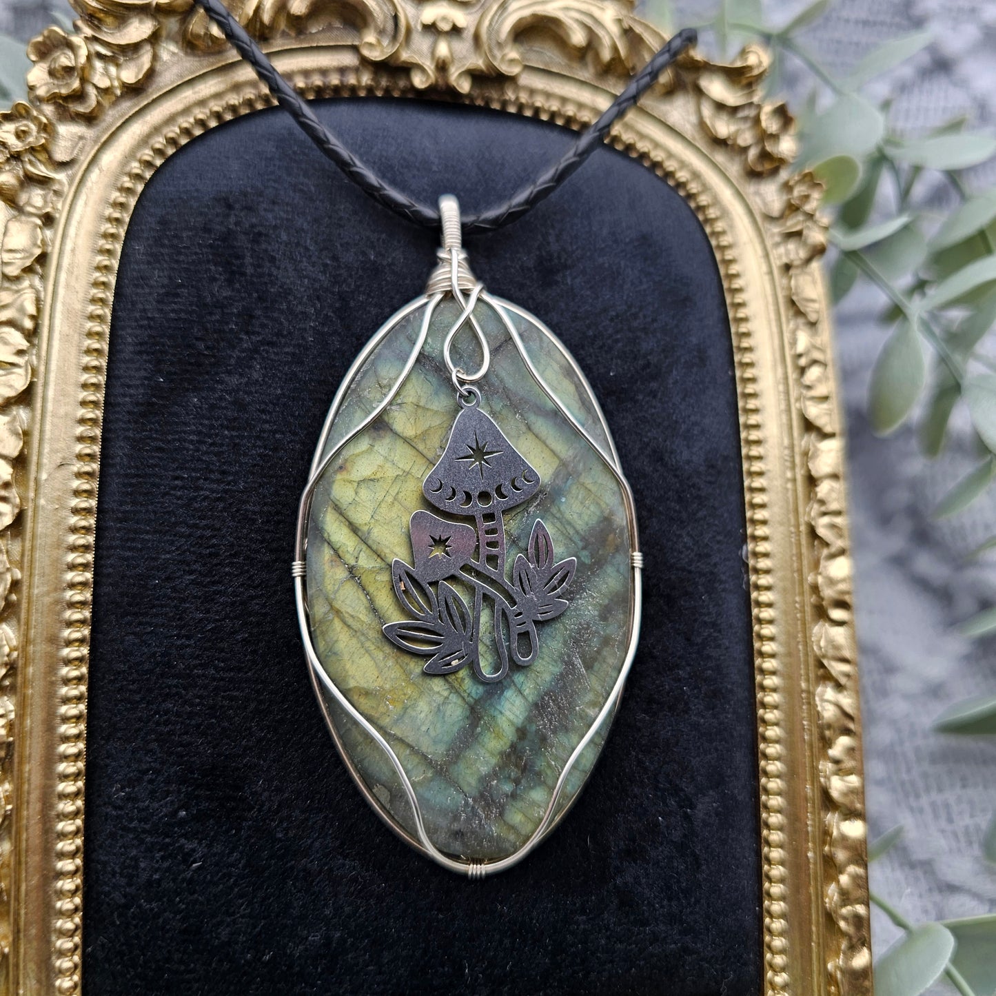 Labradorit matt & Pilze Anhänger | 925er Silber | Edelstein Halskette