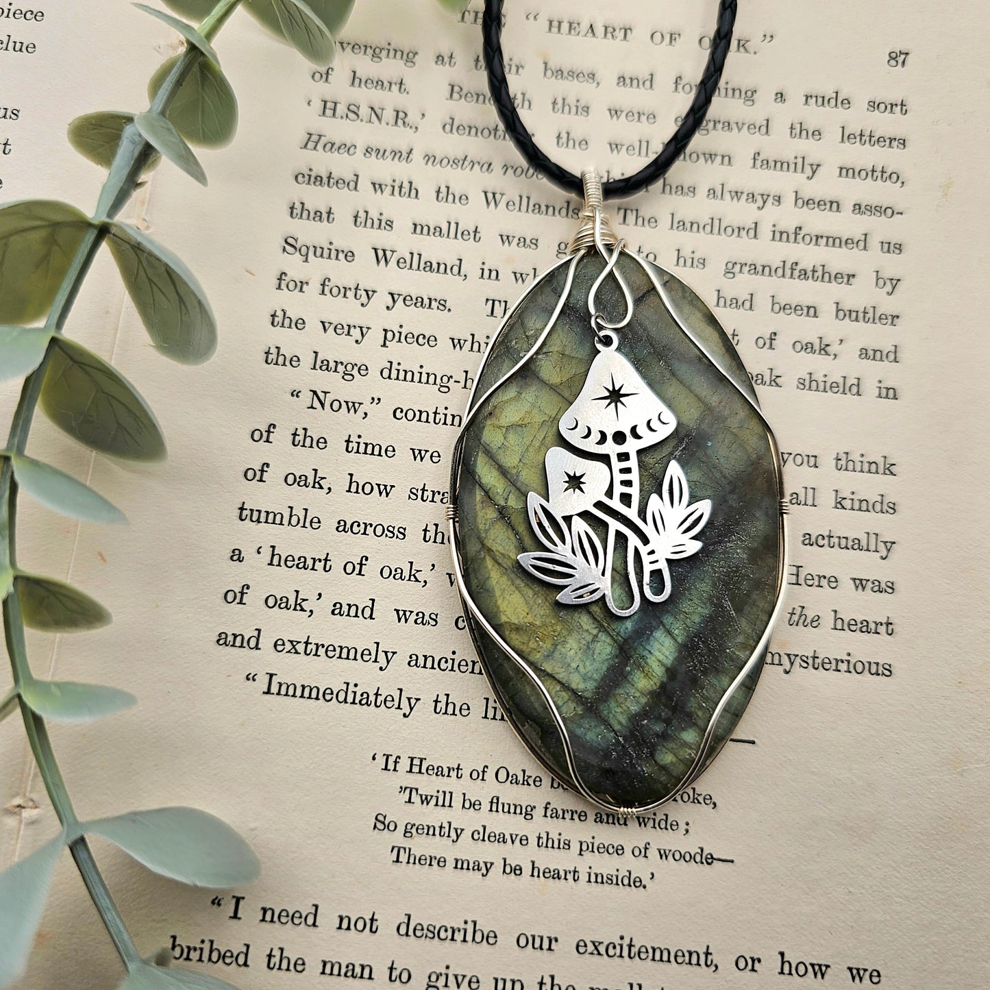 Labradorit matt & Pilze Anhänger | 925er Silber | Edelstein Halskette