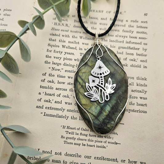 Matte Labradorite & Mushroom Pendant | 925 Silver | Gemstone Necklace
