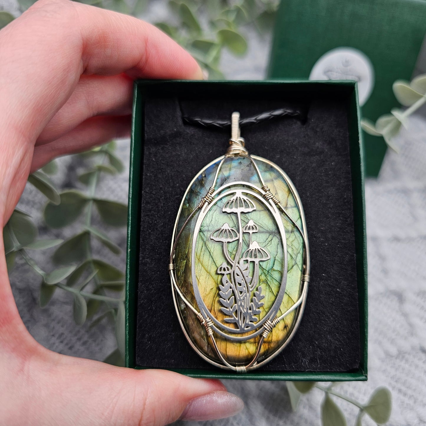 Labradorit & Wald Anhänger | 925er Silber / Edelstahl | Edelstein Halskette