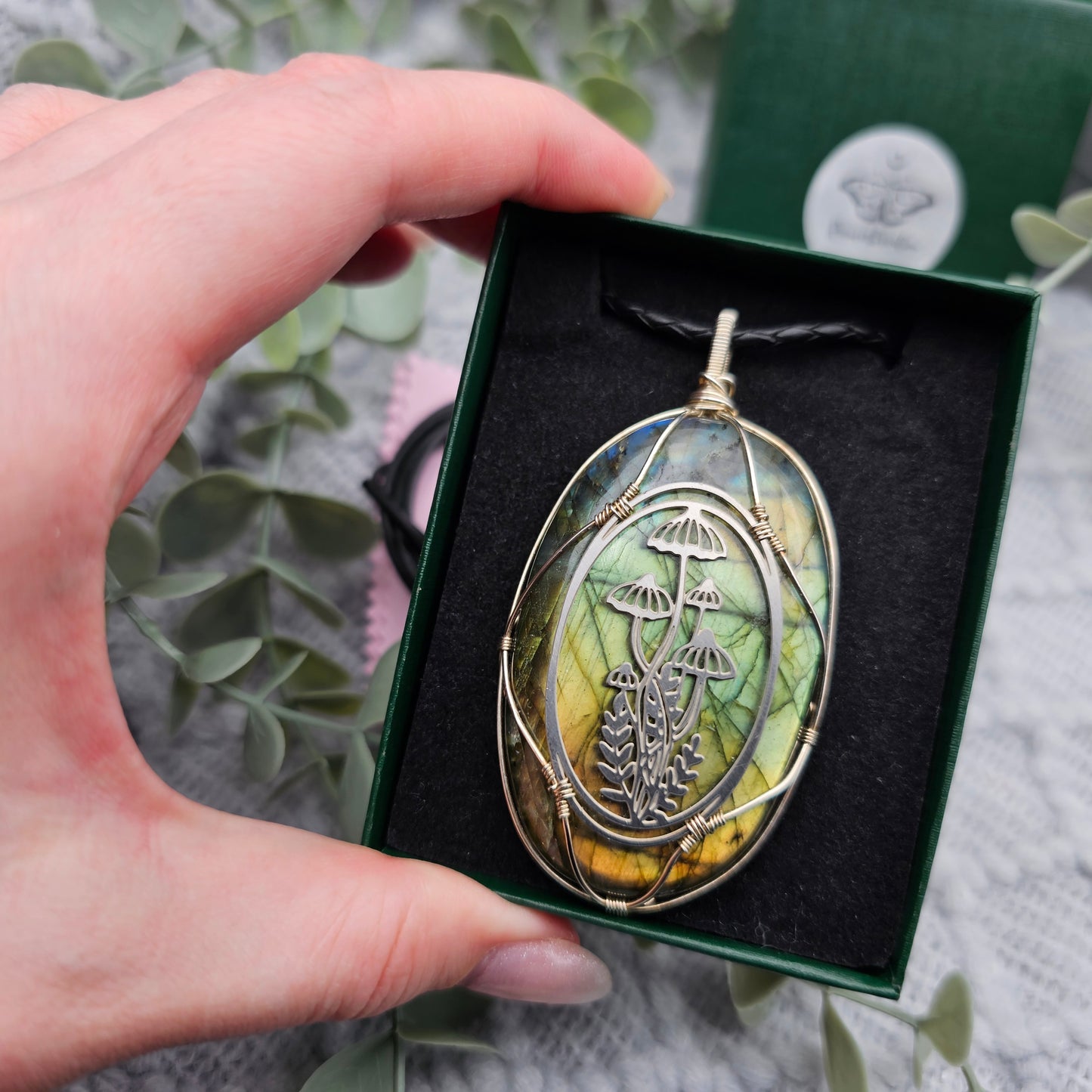 Labradorit & Wald Anhänger | 925er Silber / Edelstahl | Edelstein Halskette