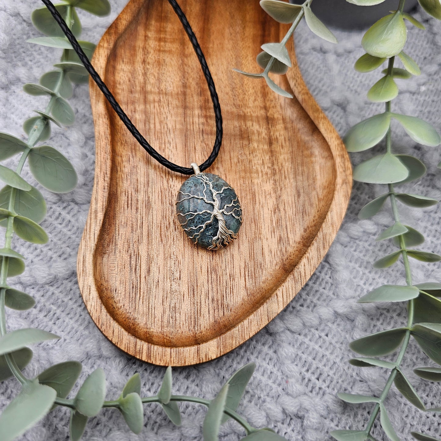 Moosachat Lebensbaum Anhänger | Schmuckdraht | Edelstein Halskette