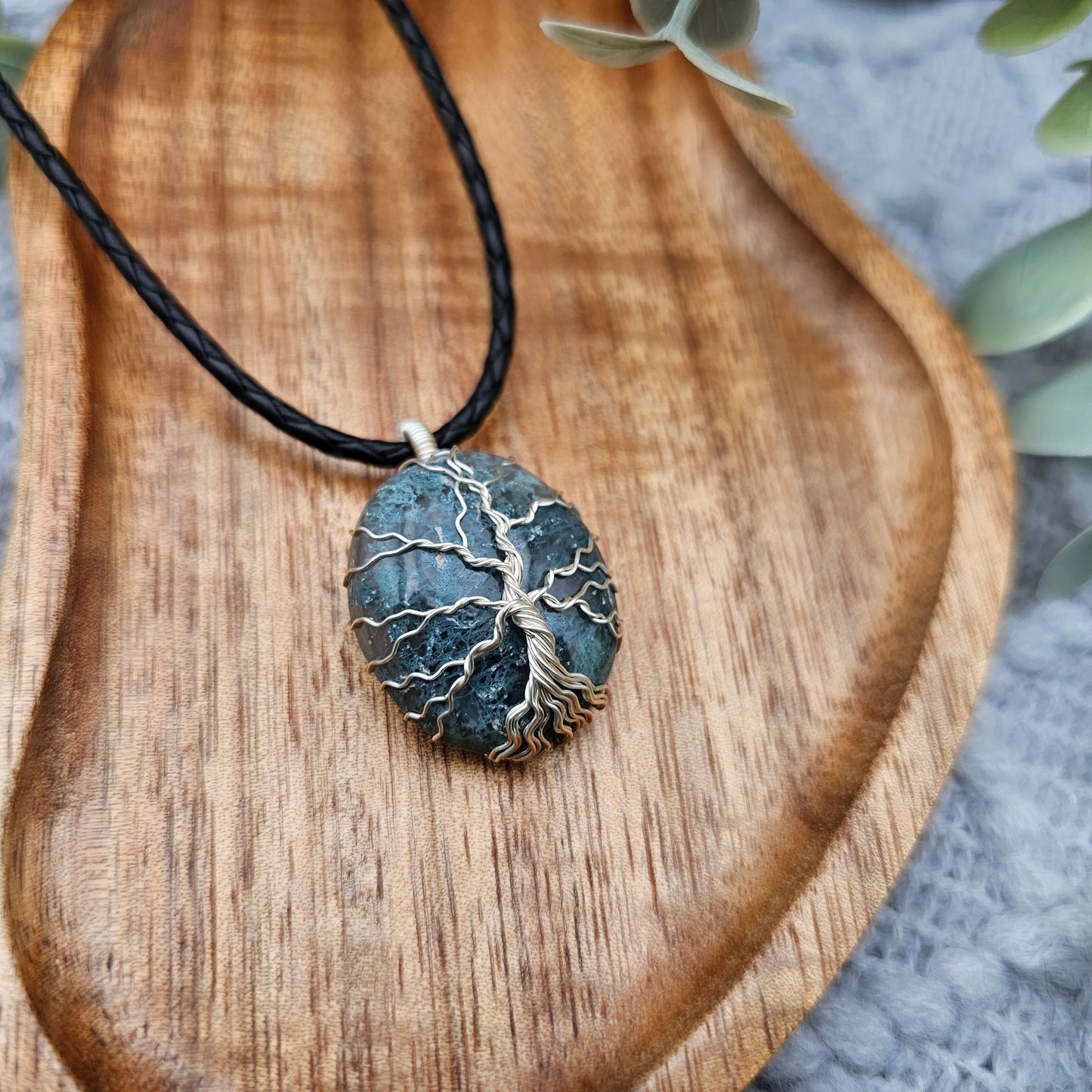 Moosachat Lebensbaum Anhänger | Schmuckdraht | Edelstein Halskette