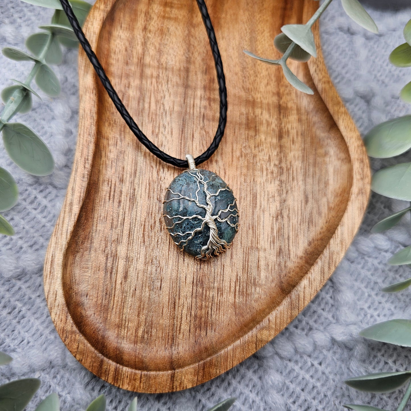 Moosachat Lebensbaum Anhänger | Schmuckdraht | Edelstein Halskette