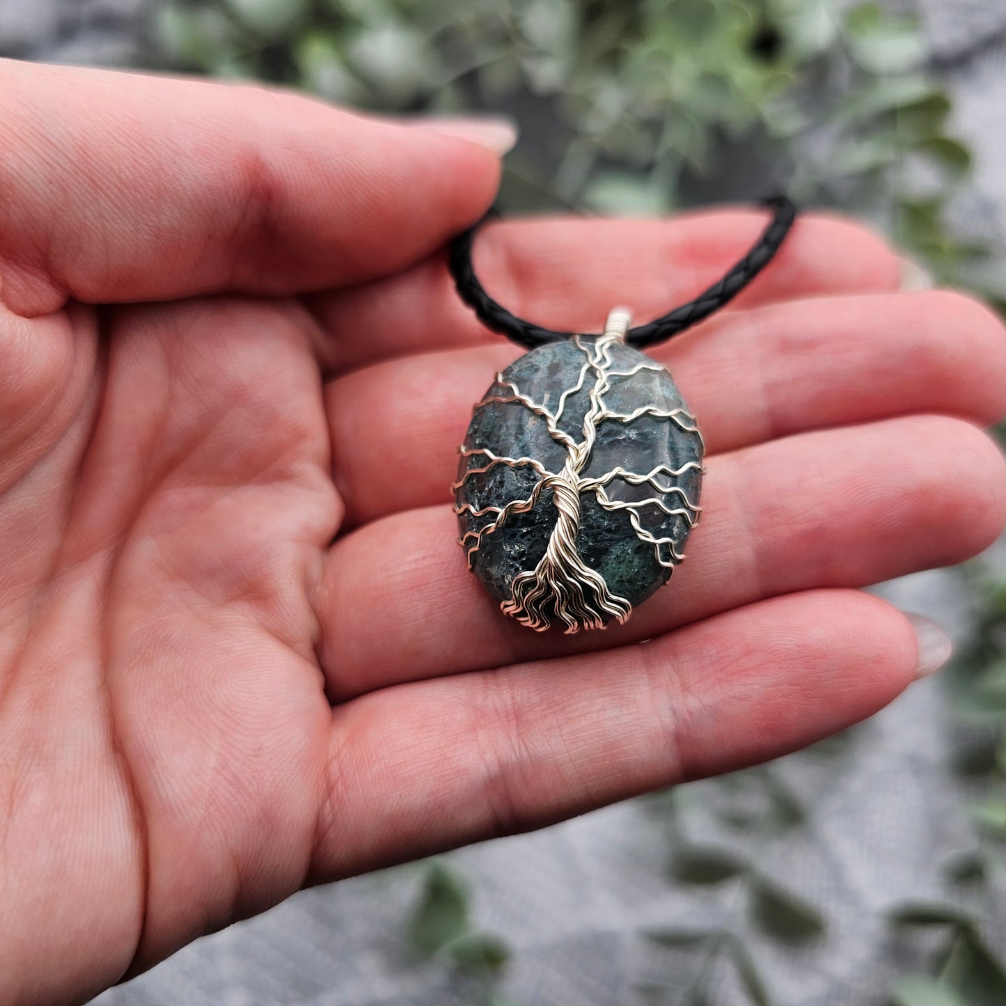 Moosachat Lebensbaum Anhänger | Schmuckdraht | Edelstein Halskette