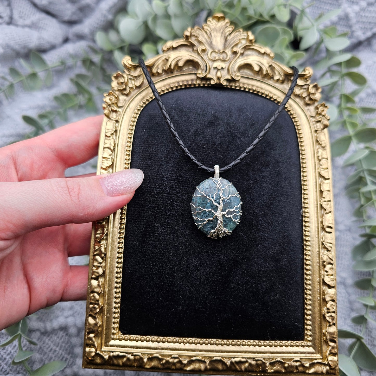 Moosachat Lebensbaum Anhänger | Schmuckdraht | Edelstein Halskette