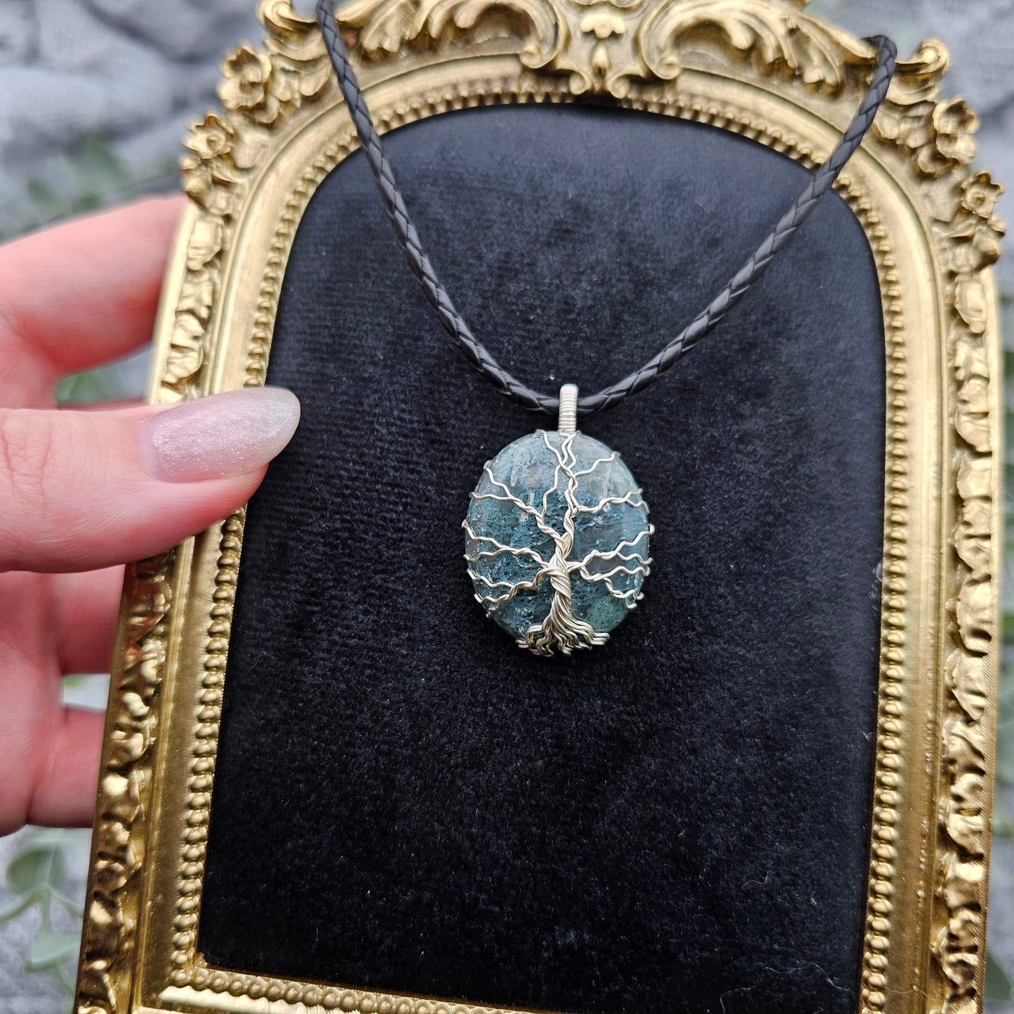 Moosachat Lebensbaum Anhänger | Schmuckdraht | Edelstein Halskette