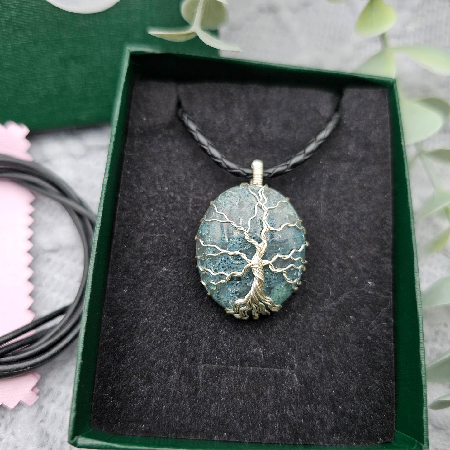 Moosachat Lebensbaum Anhänger | Schmuckdraht | Edelstein Halskette