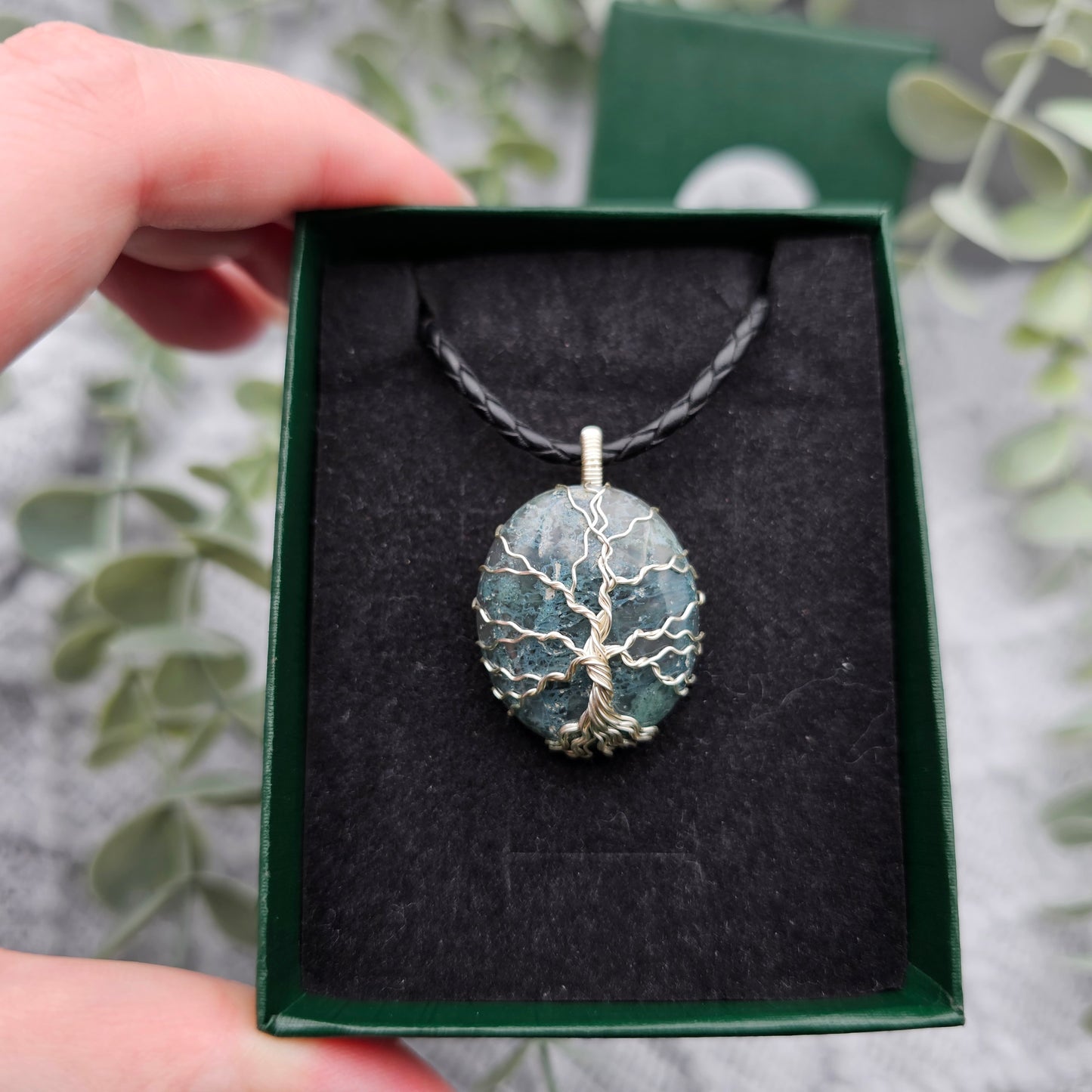 Moosachat Lebensbaum Anhänger | Schmuckdraht | Edelstein Halskette