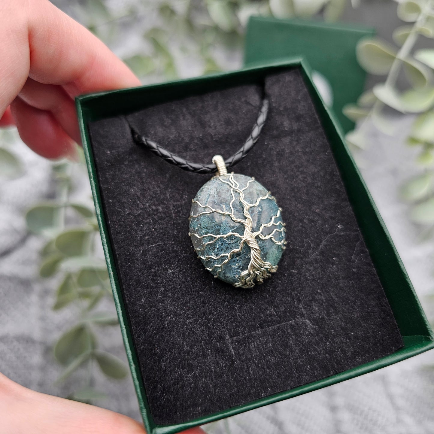 Moosachat Lebensbaum Anhänger | Schmuckdraht | Edelstein Halskette