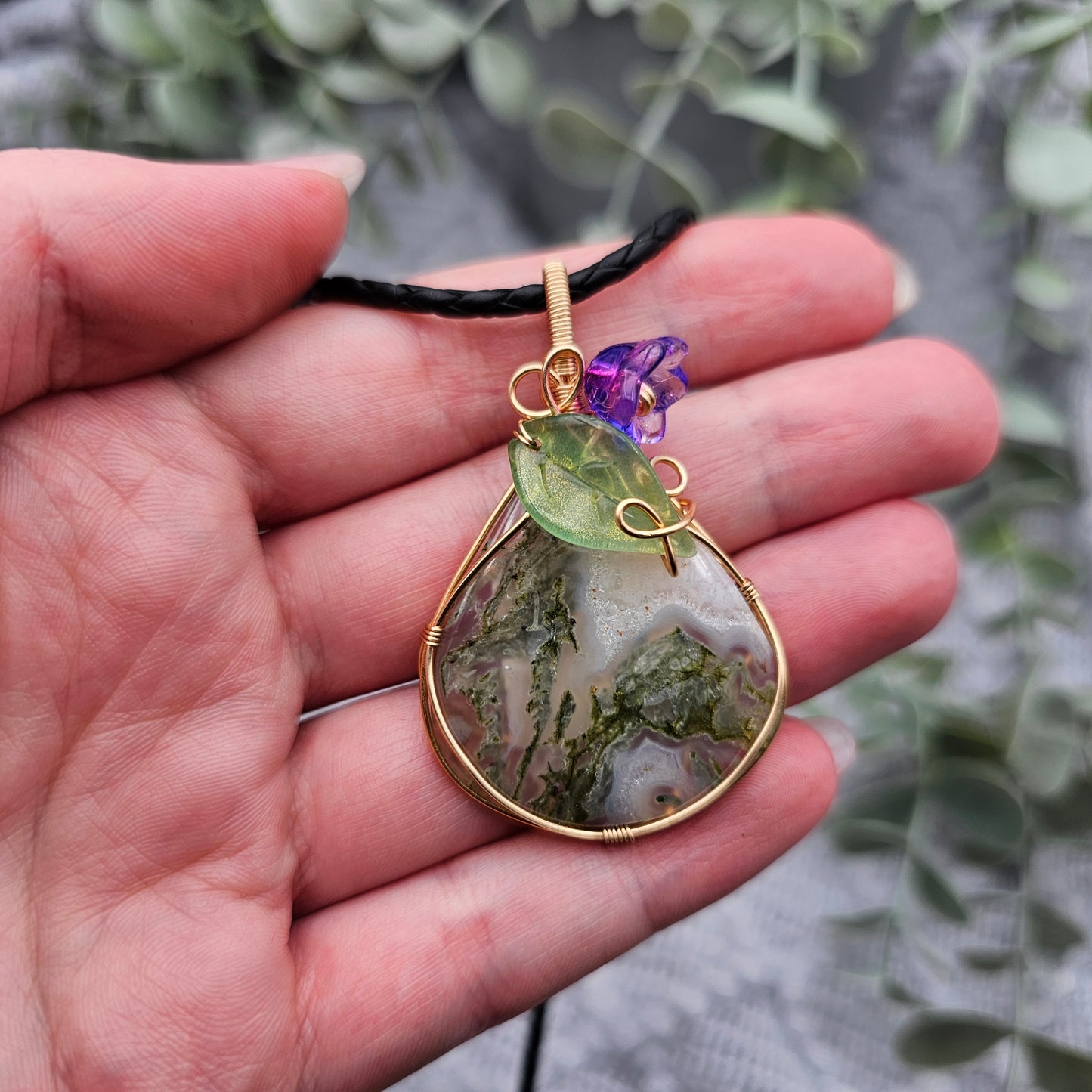 Moosachat & Blüte Anhänger | Schmuckdraht | Edelstein Halskette