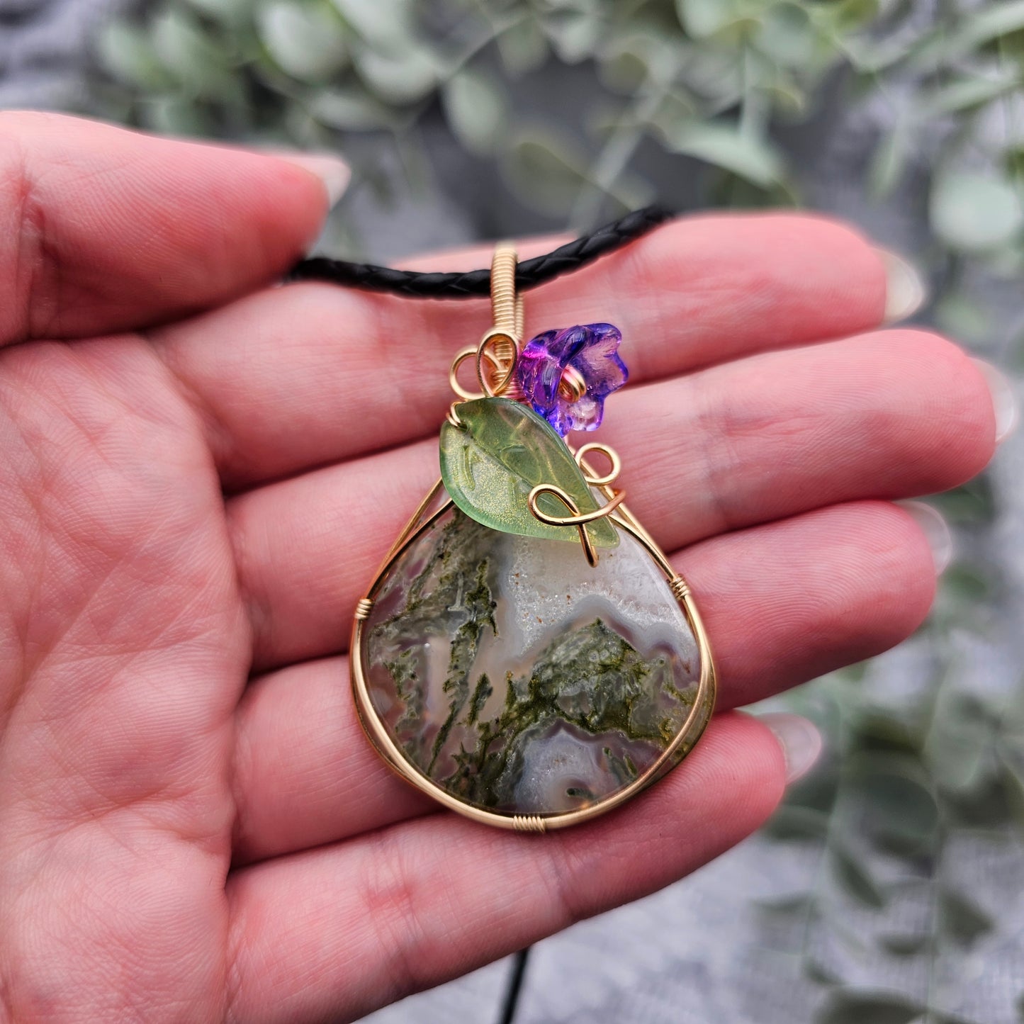Moosachat & Blüte Anhänger | Schmuckdraht | Edelstein Halskette