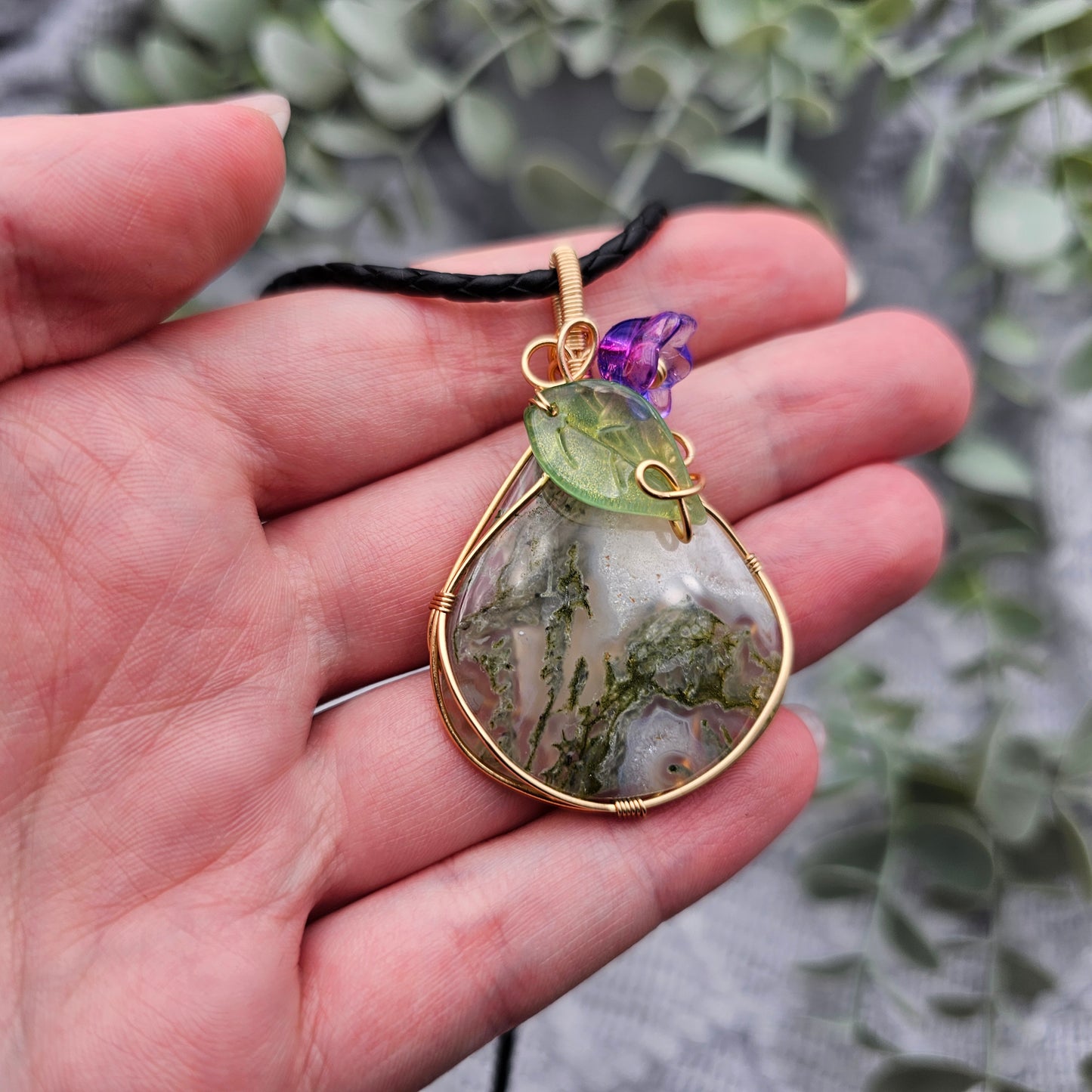 Moosachat & Blüte Anhänger | Schmuckdraht | Edelstein Halskette