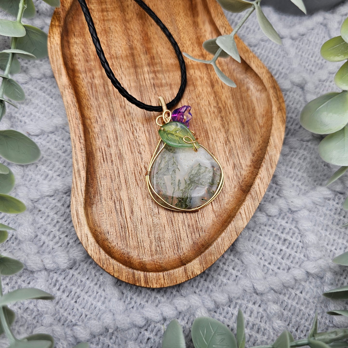 Moosachat & Blüte Anhänger | Schmuckdraht | Edelstein Halskette