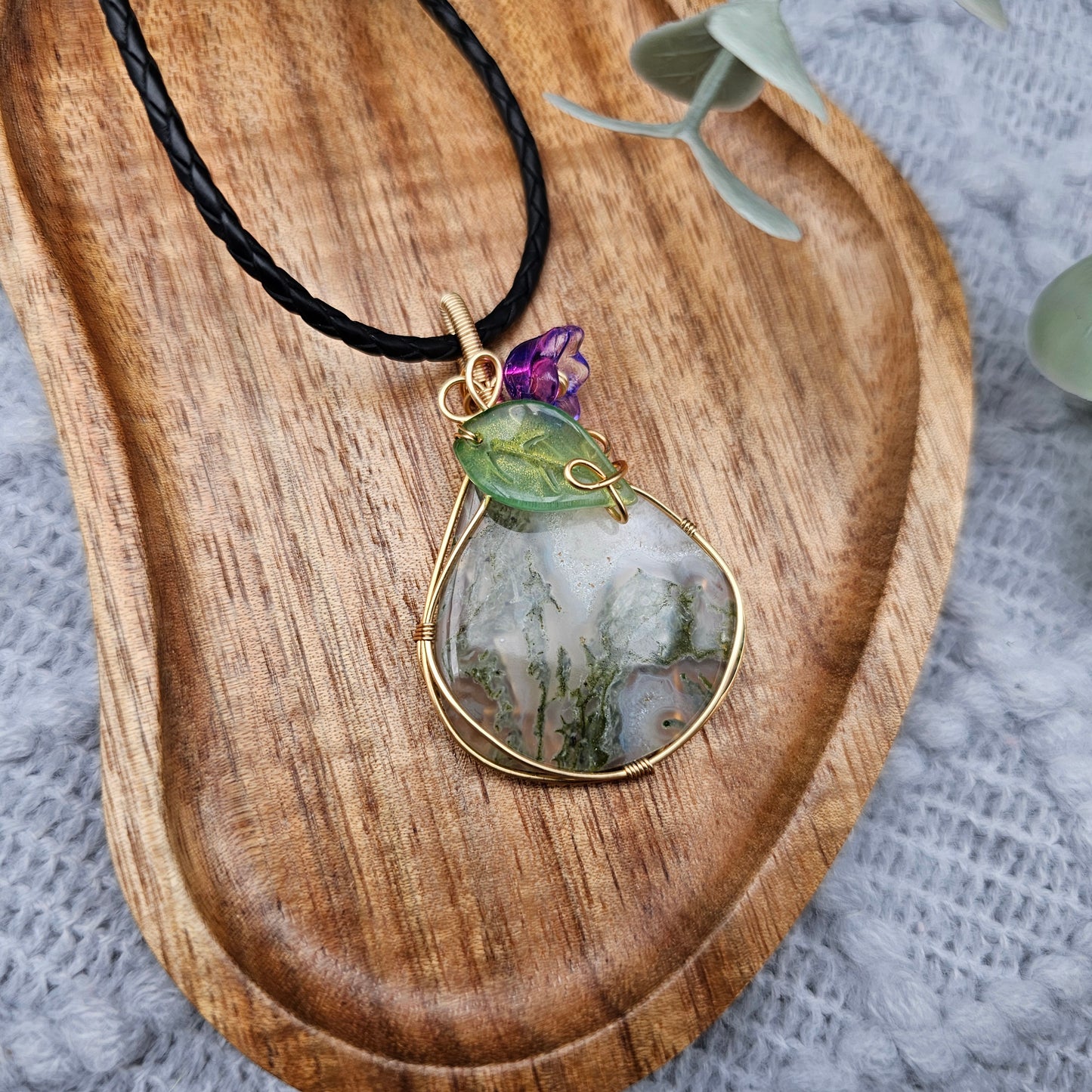 Moosachat & Blüte Anhänger | Schmuckdraht | Edelstein Halskette